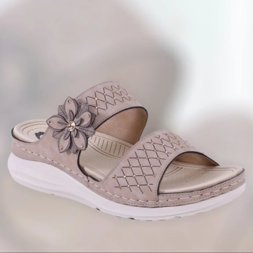 2 Left Italina Tan Comfort Flower Rosette Slip-On Wedge Heel Padded Slide Sandal